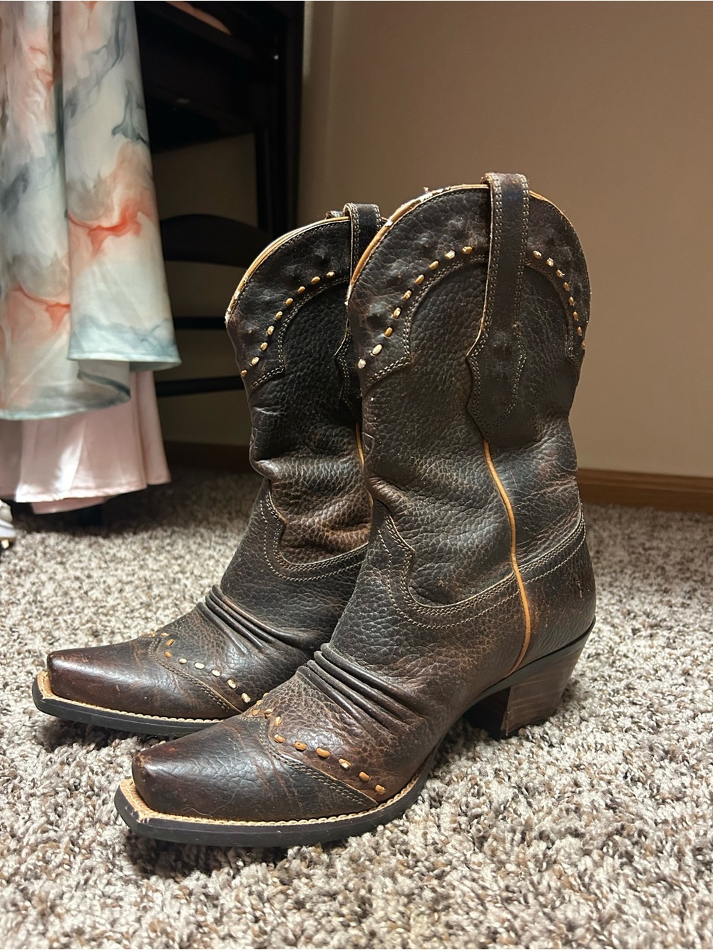 Women's Western Studded Leather Cowboy Boots - Brown